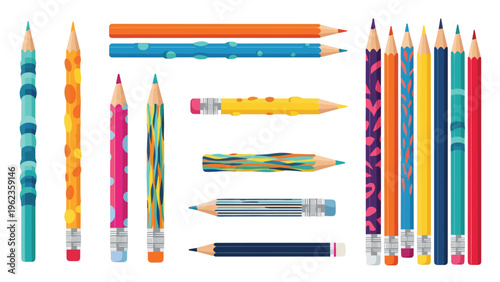 Large assortment of colorful pencils with different patterns, textures, and designs arranged in vertical and horizontal rows.
