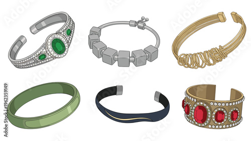 Assortment of six stylish jewelry bracelets including gemstone cuffs, metal bands, and modern geometric designs.