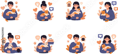 Pet Adoption and Animal Care Illustration Set with People Hugging Cats, Pet Shelter, Veterinary Care, and Pet Lover Concept Vector Collection