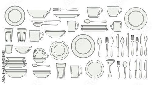 Large collection of kitchenware and tableware including plates, bowls, cups, and a full set of cutlery line art.