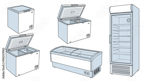Collection of various industrial chest freezers and a vertical glass door refrigerator display case for commercial use.