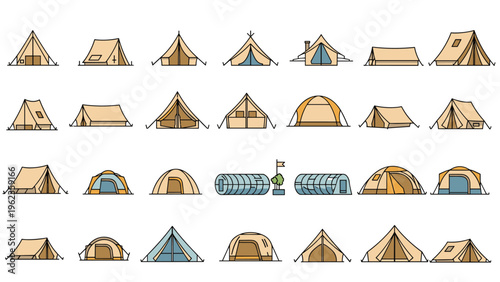 Large collection of various camping tent designs in different shapes, sizes, and colors for outdoor activities.