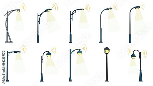 Collection of ten various modern street lamp post designs with illuminated lights and signal icons on a white background.