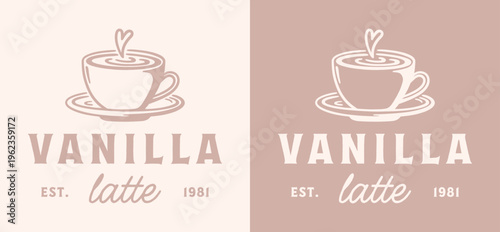 Vanilla latte coffee cup milk bourbon bean extract syrup cream natural flavor logo label sticker design. Homemade hot drink with foam art drawing retro vintage beige aesthetic printable poster print.