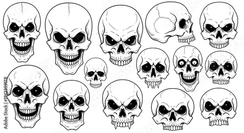 Skulls hand drawn set with various creepy expressions and black outlines on white background featuring skull, illustrations, vector graphics with