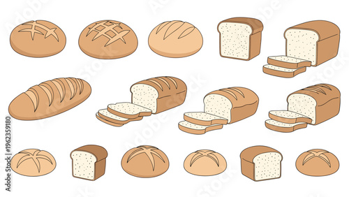 Variety of freshly baked bread loaves and rolls including whole, sliced, and round buns on a white background.