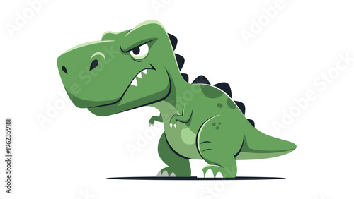 Fierce yet cute green cartoon tyrannosaurus rex dinosaur standing with a grumpy expression on its face on a white background.