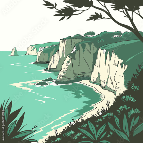 Illustration of a scenic coastal landscape with cliffs and turquoise water surrounded by lush greenery