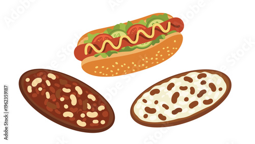 Delicious fast food selection featuring a loaded hot dog with mustard and two pieces of bread topped with beans.