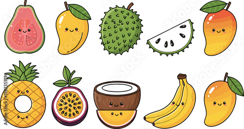 Cute tropical fruits collection with mango pineapple coconut banana and exotic cartoon characters vector illustration isolated on white background