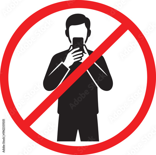 No mobile phones sign with black silhouette of person using smartphone inside red prohibition circle for quiet zone electronic device restriction warning notice and safety regulation icon isolated vec