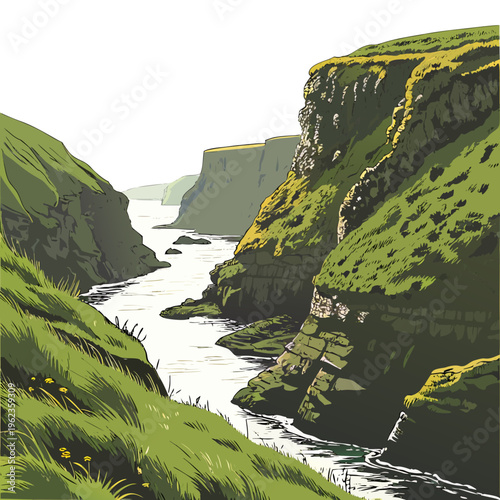 Illustration of a serene river flowing through a lush green valley with cliffs and grassy hills