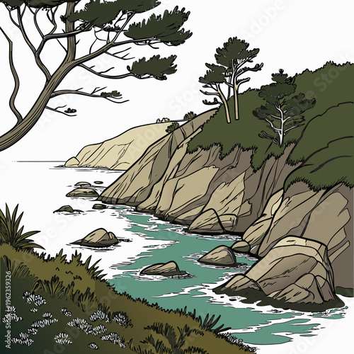 Illustration of a scenic coastline with rocky cliffs, trees, and turquoise water