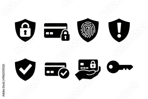 Collection of security and payment icons including credit cards, locks, and fingerprint
