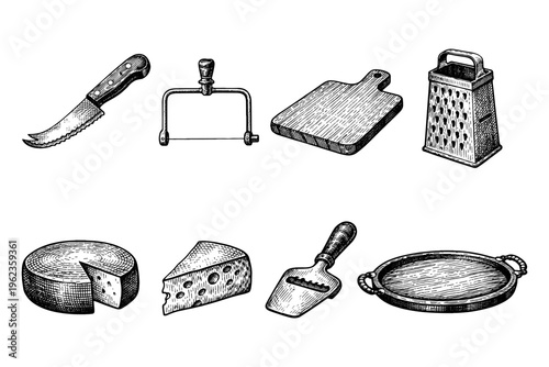 Collection of vintage cheese making and serving tools in a hand-drawn sketch style