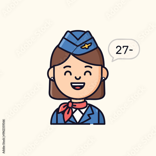 A smiling female cartoon character wearing a hat, red scarf, and blue uniform. The number 27 appears in a speech bubble