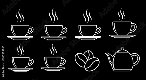 Cup coffee icon set with steam rising and teapot, white line art on black featuring tea, kettle, saucer with breakfast and morning elements for