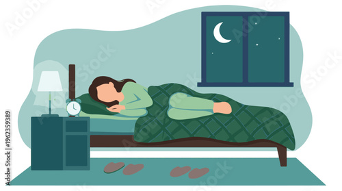 Woman sleeping peacefully in bed at night, depicting rest and good sleep