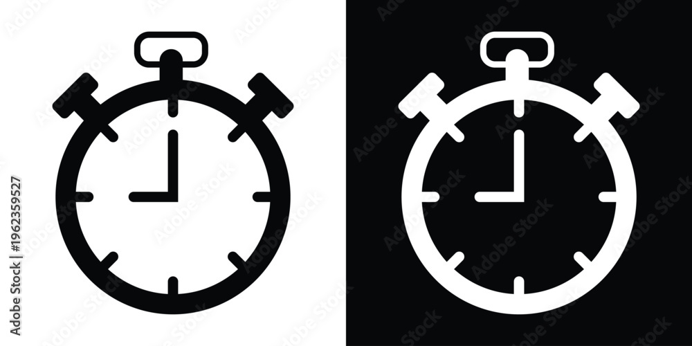 Obraz premium Professional stopwatch timer icon. Clean vector graphic representing sports timing, deadlines, and speed measurement. Includes both solid black and white-on-black versions.
