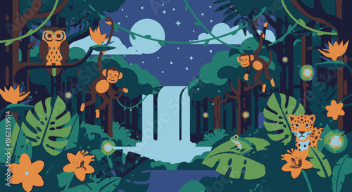 Cute cartoon jungle animals in a vibrant forest setting.