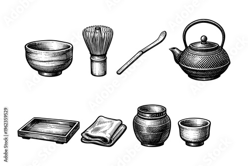 Traditional Japanese matcha tea ceremony set with essential tools and utensils