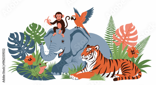 Jungle Animals Elephant Tiger Monkey Parrot Illustration.