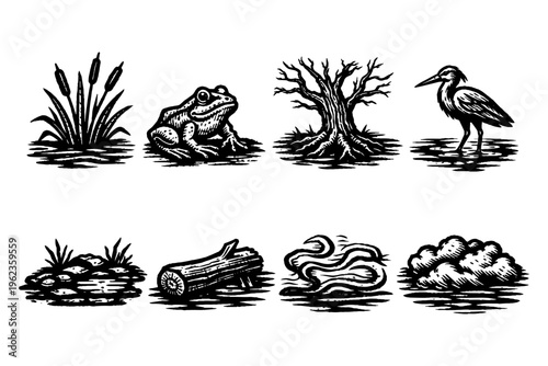 Collection of black and white illustrations of wetland elements and wildlife