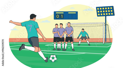 Football player kicking ball against a defensive wall with a goalkeeper