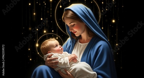 A mother and child in a dark, starry night with a halo around the mother's head.