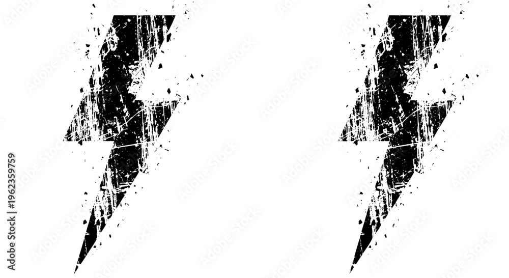 Naklejka premium Lightning bolts grunge set with black distressed texture and white background featuring stormy, electric, shock with energy and weather elements for