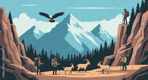 Mountain goats and hikers in a scenic natural environment.
