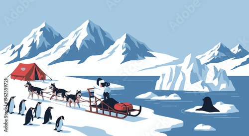 Penguins Sledding with Dogs in Antarctica.