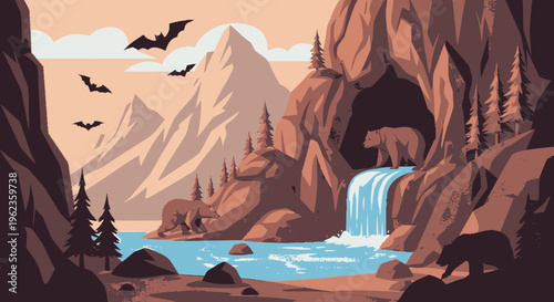 Pixel Art Bear Near Waterfall in Cave.