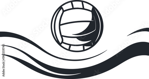  Water polo ball floating on wave shape, flat vector illustration, bold thick black outline, minimal shapes, white background 3