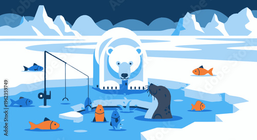 Polar Bear and Penguin Fishing Together on Ice Floe.