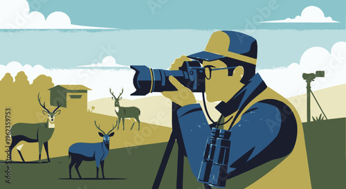 Photographer Capturing Wildlife Scene with Camera on Tripod.