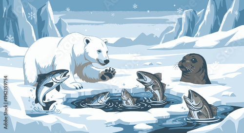 Polar Bear Hunting Salmon in Icy Arctic Waters.