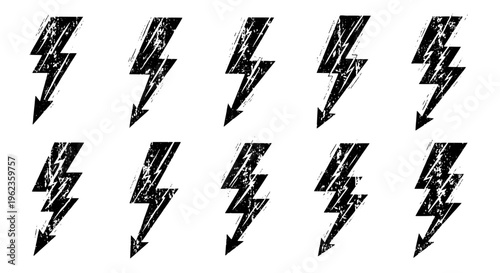 Lightning bolts grunge set with black arrows and white background texture featuring arrow, vector, illustration with icons and collection elements