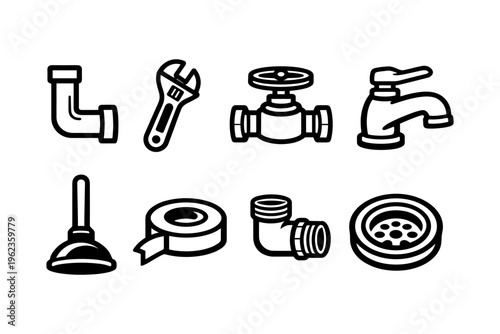 Collection of plumbing tools and supplies icons on a white background