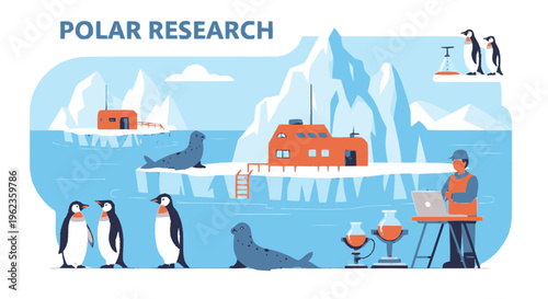 Polar Research Station with Scientists and Wildlife.