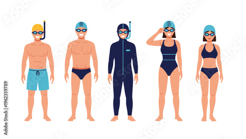 Five people including men and women wearing different types of swimwear swimming caps and goggles ready for aquatic activity.
