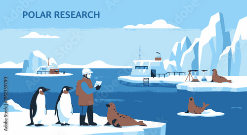 Polar research scientist observing penguins and seals on ice floes.