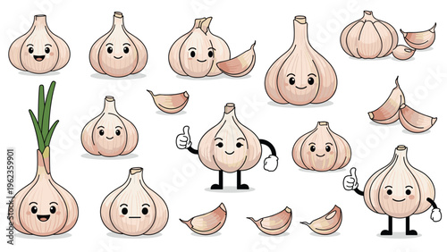 Adorable garlic characters and cloves with various happy expressions are displayed including a garlic plant sprout and a thumb up gesture.