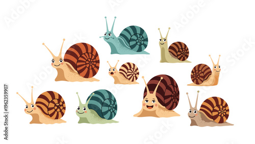 Row of charming cartoon snails with different colorful shell patterns and smiling faces are displayed on a clean white background.