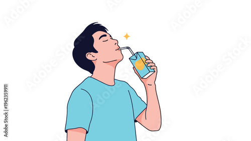 Content young man in a blue t-shirt enjoys drinking from a small juice box with a straw showing a spark of refreshment and satisfaction.
