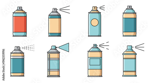 Selection of spray paint cans in various colors and designs is shown in a clean vector style including illustrations of spray patterns.