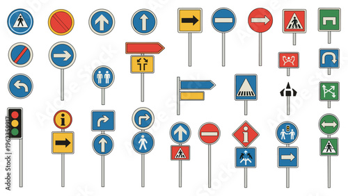 Large set of international road and traffic signs including warning regulatory and informational notices is displayed on posts.