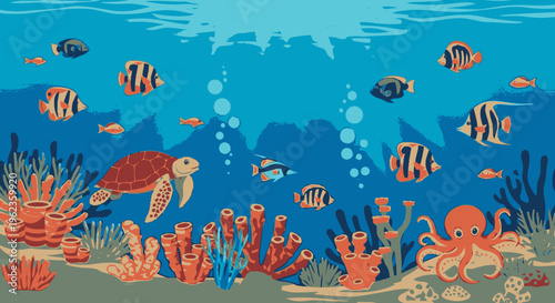 Vibrant Underwater Scene with Diverse Marine Life.