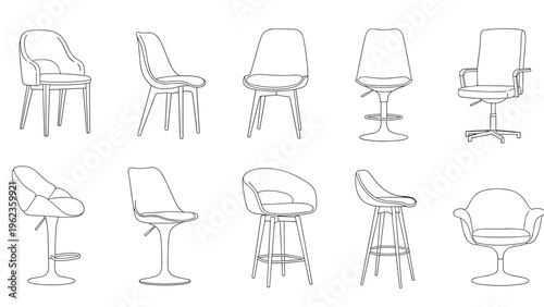 Diverse collection of chair and stool designs is shown in minimalist black line art including office chairs bar stools and armchairs.