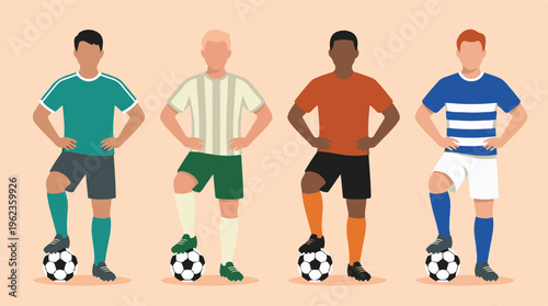 Diverse male soccer players standing with footballs in flat vector style